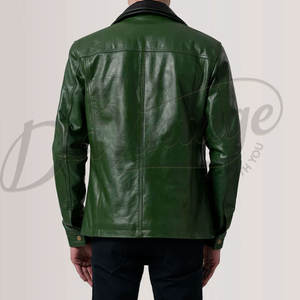 Veste en cuir vert émeraude pour homme avec col intérieur contrastant noir, en véritable peau de mouton, coupe ajustée, automne-hiver, style moto - Product Image 3