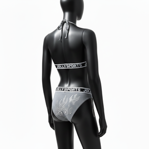 Ensemble de bikini pour femmes, 180 GSM, polyester, élasthanne, extensible, gris, strass, transfert thermique, logo personnalisé, bikinis pour femmes - Product Image 5