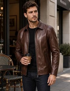 Veste en cuir PU marron pour homme, style motard, col rabattu, fermeture éclair, poches latérales zippées, coupe ajustée, pour l'automne - Product Image 3