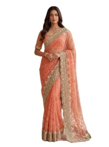 เสื้อส่าหรีแบบดั้งเดิมของอินเดีย ดีไซน์ใหม่สุดพิเศษ สำหรับงานปาร์ตี้ ตกแต่งด้วยงานปักมุกและเพชร - Product Image 3