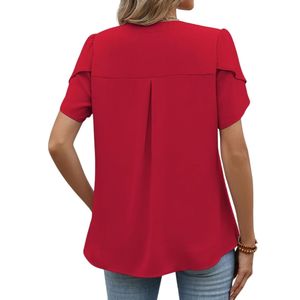 Graceful Plain Wine <b>Red</b> Slit Shirts Neck Flutter Short Sleeve High Quality Drape Summer Tunics <b>Women's</b> Chiffon Shirts - Product Image 2
