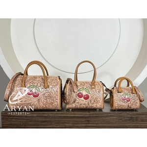 2026 Luxury <b>Tooled</b> <b>Leather</b> Cherry Mini Speedy Handbag with Adjustable Strap Women's Floral Carved Genuine Cow <b>Leather</b> Duffle Bag - Product Image 1