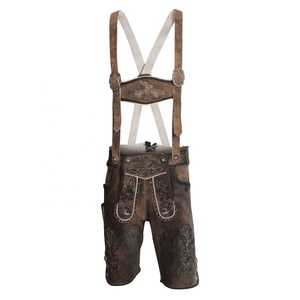 <b>Men's</b> <b>Brown</b> Leather Lederhosen With Embroidery Floral Pattern High Waist Casual <b>Shorts</b> Breathable Handmade Bavarian Style - Product Image 1