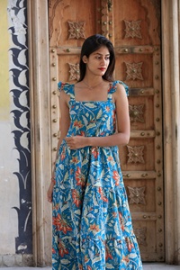 Hand Block Print Sleeveless Cotton <b>Boho</b> <b>Dress</b> for <b>Summer</b> Vintage Style Floral Embroidery Square Collar Sleeveless Maxi <b>Dress</b> - Product Image 2