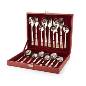 Ensemble de couverts de luxe en acier inoxydable avec manche doré, service de table en métal avec coffret cadeau en bois et cuir, vente en gros de couverts de table - Product Image 1