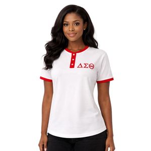 Maglietta Henley Bianca Premium Delta Sigma Theta per Donne, Vestibilità Comoda, Alta Qualità, Abbigliamento Casual per Confraternite Greche - Product Image 1