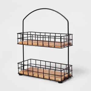 2-Tier Rectangular Metal and <b>Wood</b> Organizer Storage <b>Baskets</b> for Fruits Vegetables Kitchenware Tableware - Product Image 1