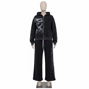 Conjunto Deportivo con Capucha y Estampado de Calavera Gótica para Hombre, Sudadera con Cremallera de Manga Larga y Pantalones, Color Negro Sólido, 100% Algodón, Ropa de Otoño - Product Image 5