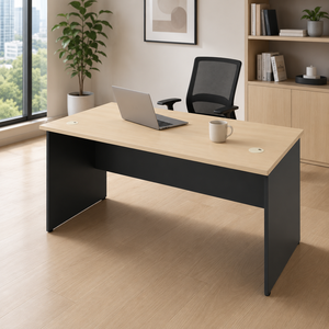 Bureau de travail rectangulaire moderne avec plateau en bois et cadre noir, design minimaliste, mobilier de bureau à domicile, système de bureau autoportant AY V-GT - Product Image 1
