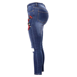 Jeans de mezclilla elásticos ajustados de cintura alta rasgados vintage para mujer, estilo casual y urbano, azules, hasta el tobillo, a la moda - Product Image 2