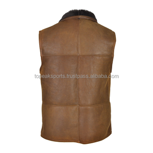<b>Men's</b> Brown <b>Leather</b> Vest Shearling Collar Sleeveless Utility <b>Waistcoat</b> Zipper Front Multi Pocket Motorcycle Biker Custom OEM Top - Product Image 2