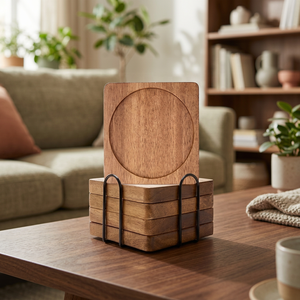 Home-Ready Wood Square Coaster Set with Metal Holder Heat Resistant Durable Drink Coasters for Dining Coffee Table Decor - Product Image 1