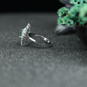 Oval Cut Green Moissanite <b>Ring</b> 925 Sterling <b>Silver</b> | Halo Baguette Diamond Look <b>Statement</b> Engagement <b>Ring</b> for Women - Product Image 4