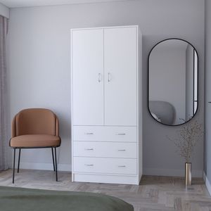 Armadio FM Furniture Prescott Bianco con 2 Ante, 3 Cassetti e 1 Asta Appendiabiti - Product Image 1