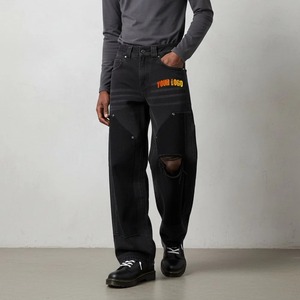 Pantalones Cargo Negros de Lona para Hombre, Cintura Alta, Estilo Desgastado, Cierre de Botones, Peso Medio, para Otoño - Product Image 3