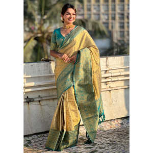 Sari Chickoo de tejido puro Zari con tejidos en contraste para atuendos de fiesta - Product Image 2