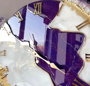 Amethyst Resin Modern Quartz Wall <b>Clock</b> Hand Painted Roman Numeral Decorative Round Crystal Look Living Room Home Decor - Product Image 4