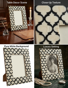 Premium Modern Rustic Ornate Rectangular <b>Frame</b> Bone Inlay Design <b>Black</b> and White Geometric Handmade Wooden Tabletop <b>Photo</b> <b>Frame</b> - Product Image 3