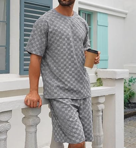 Conjunto de 2 Piezas para Hombre, Estilo Casual de Verano, Camisa de Manga Corta y Pantalones Cortos de Terciopelo con Textura Geométrica - Product Image 4