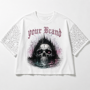 T-shirt unisexe en coton grande taille, coupe courte, premium, 260 GSM, imprimé DTG, motif strass, streetwear, ourlet déchiré - Product Image 1