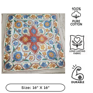 Funda de cojín decorativa de algodón de 16"x16" con diseño floral bordado a mano con hilo de seda Aari de Cachemira, colorido y sostenible. - Product Image 3