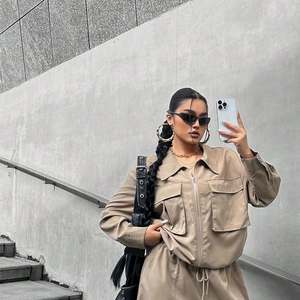 Conjunto de Chaqueta y Pantalones Cargo Casuales para Mujer, Manga Larga, Estilo Utilitario, 2 Piezas - Product Image 3