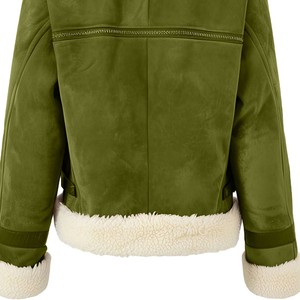 Women's Olive Green <b>Suede</b> Bomber <b>Jacket</b> With Faux Fur Lining Zip Closure Winter Warm Coat Full Sleeve Stand Collar Sample Avail - Product Image 6