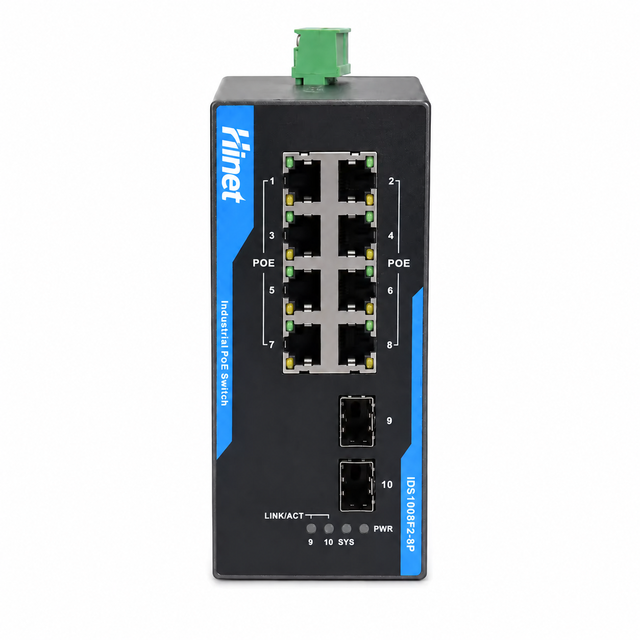 Hi-Net Industrial PoE Switch 8 Port 10/100Mbps RJ45 2 Gigabit SFP Uplink DIN Rail Ethernet Switch 12-57VDC Wide Temp