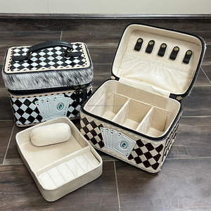 Premium Quality Hand Tooled Cowhide Leather Jewelry Case for Travel Women's Checkered Design Hair-on Hide Jewelry Organizer <b>Box</b> - Product Image 5