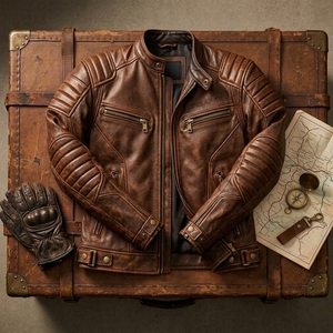 Chaqueta de Motociclista de Cuero Marrón para Hombre con Cierres Dorados ONEAPEX, Chaqueta de Carreras Ajustada, Ropa Exterior al por Mayor ONEAPEX - Product Image 2