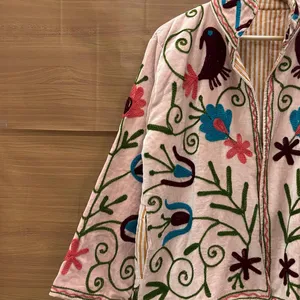 Women Pink Velvet Embroidered Suzani Jacket with Floral Pattern Full Sleeve <b>Stand</b> Collar Handmade Bohemian Autumn <b>Coat</b> - Product Image 2