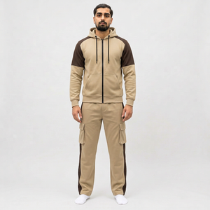 Survêtement réversible à capuche pour homme, beige et marron, style streetwear écologique, manches longues, fermeture à cordon, tenue décontractée - Product Image 1
