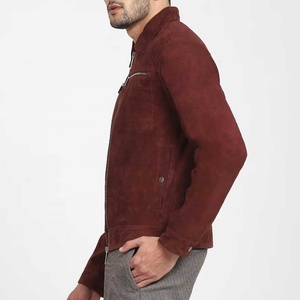 <b>Men's</b> <b>Suede</b> Bomber <b>Jacket</b> Maroon Stand Collar Zipper Closure Casual Winter Style Slim Fit Regular Length Windproof Front Logo - Product Image 2