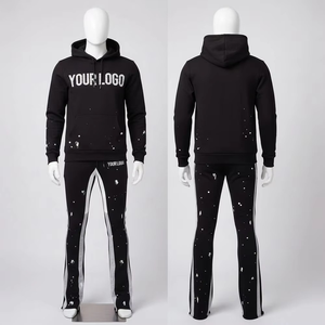 Ensemble de survêtement streetwear écoresponsable personnalisé, délavé à l'acide, uni, avec pantalon de survêtement évasé et sweat à capuche unisexe vierge, style jogger empilé, pour homme, 100% - Product Image 2