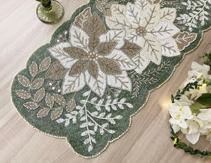 Handmade Luxury Eco-Friendly Christmas Fabric Table <b>Runner</b> <b>Green</b> Cream Embroidered Poinsettia Design Customized Shape Mats Pads - Product Image 2