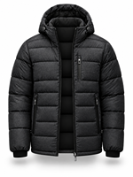 Veste matelassée à capuche noire pour homme, imperméable, coupe-vent, décontractée, fermeture éclair sur le devant, logo, 100% polyester, hiver, longueur standard
