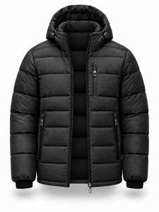 <b>Men's</b> Black Hooded Puffer <b>Jacket</b> Waterproof Windproof <b>Smart</b> Casual Zipper Front Logo 100% Polyester Winter Regular Length - Product Image 2