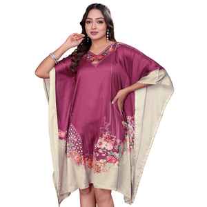 Robe kaftan courte pour femme – Bleu pastel avec imprimé floral abstrait coloré, coupe ample, style tunique. - Product Image 1