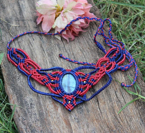 Labradorite Macrame <b>Necklace</b> Red Blue Thread Oval Gem Boho Handmade <b>Statement</b> Jewelry for Women - Product Image 5