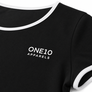 Custom Logo <b>Women</b> One Set Solid <b>Black</b> Short Sleeve <b>Crop</b> <b>Top</b> with Side Stripe Knee Four-Way Stretch Spandex Sporty Casual Outfit - Product Image 5