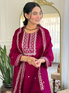 Premium and Elegant Women's Maroon CP Vichitra Embroidery Straight <b>Kurti</b> with CP Vichitra Pant And Printed Dupatta Sets - Product Image 2