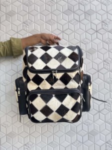 Unique Designer Cowhide Leather <b>Backpack</b> Softback Unisex Day <b>Backpack</b> Multiple Pockets Checks Design <b>School</b> Bag Zipper Closure - Product Image 1