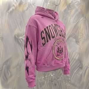 Snowgrace Oversized Crop <b>Hoodie</b> <b>Pink</b> French Terry Unisex Streetwear Print Rhinestone Back Logo Autumn Style - Product Image 2