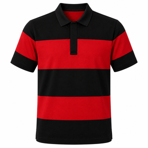 Polo rayé pour homme à manches courtes, color-block, décontracté, tricoté, rouge et noir - Product Image 1