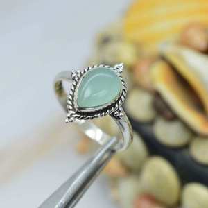 Natural Aqua Chalcedony Smooth Pear Shape Carved Gemstone Ring 925 Sterling <b>Silver</b> Party Wear Fashion Jewelry Wholesale Bulk - Product Image 1