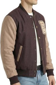 <b>Men's</b> Varsity <b>Jacket</b> Cotton Wool Blend <b>Letter</b> B Embroidered Front Brown Tan Sleeve Casual Autumn Wear - Product Image 5