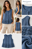 Ensemble décontracté d'été pour femme : débardeur sans manches à volants et pantalon large en lin tissé uni