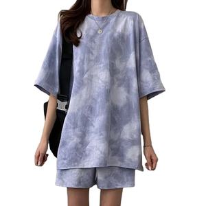 Mujeres 2 uds ropa deportiva diaria Top trajes camiseta conjunto de dos piezas pantalones cortos Tie-dye suelta longitud media Top Mini pantalones cortos trajes de talla grande - Product Image 2