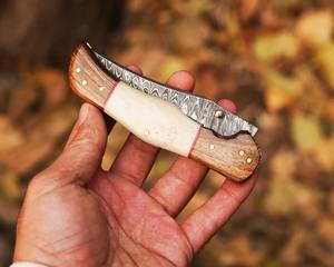 Cuchillo Plegable de Acero de Damasco con Bloqueo Interno, Mango de Hueso y Madera, Funda de Cuero, Cuchillo de Bolsillo EDC para Caza y Camping, Personalizado OEM - Product Image 2