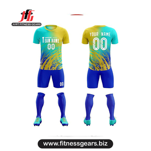 Ensemble de maillots de football personnalisés bleus à manches courtes pour hommes, anti-transpiration, impression par sublimation, taille élastique - Product Image 3